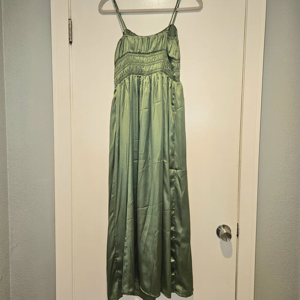 Abercrombie & Fitch Satin Olive Green Maxi Dress with Side Slit